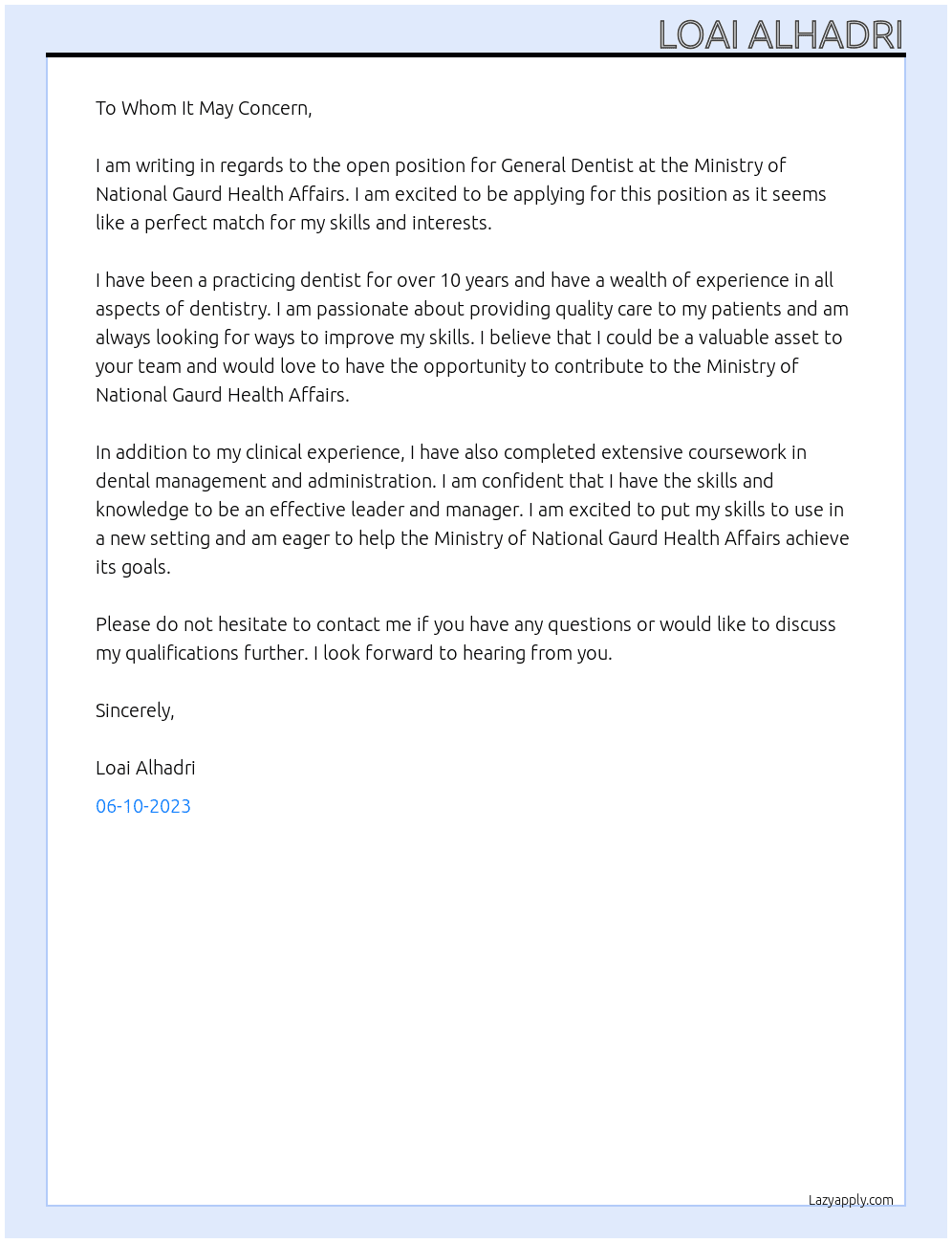 General Dentist At Ministry of National Gaurd Health Affairs Cover Letter