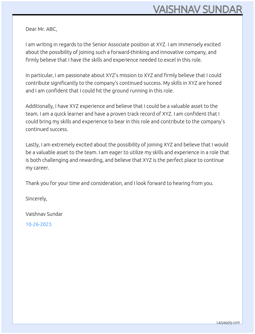 Senior Associate At XYZ Cover Letter
