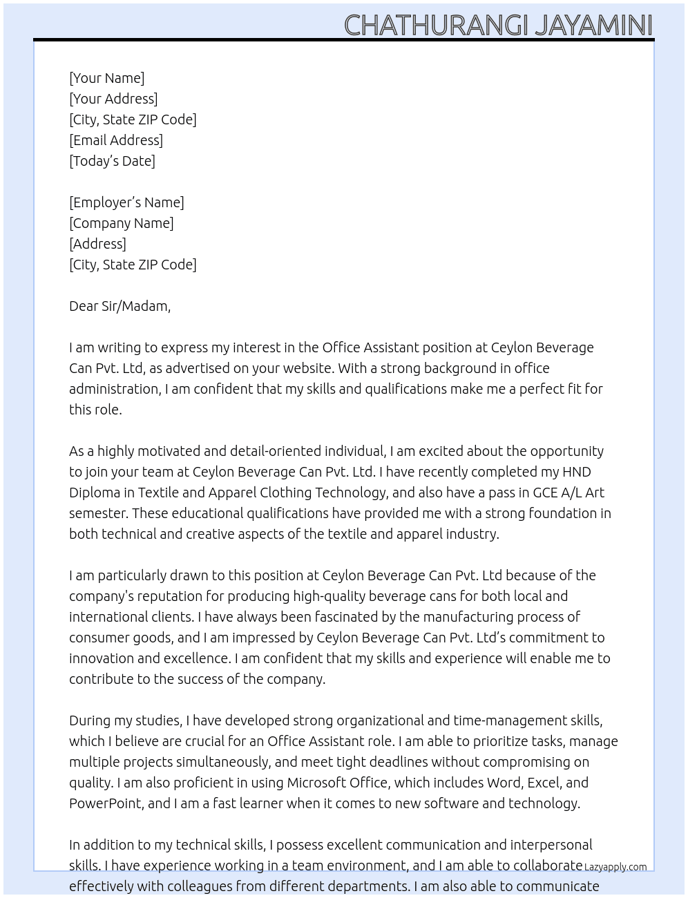 Office assistant At Ceylon beverage can Pvt. Ltd Cover Letter