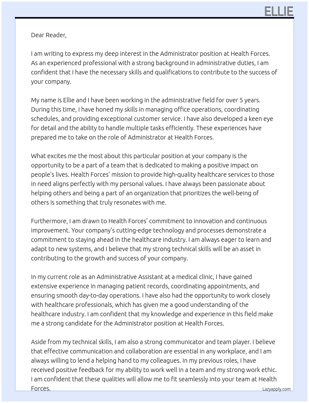 Administrator At Health Forces Cover Letter