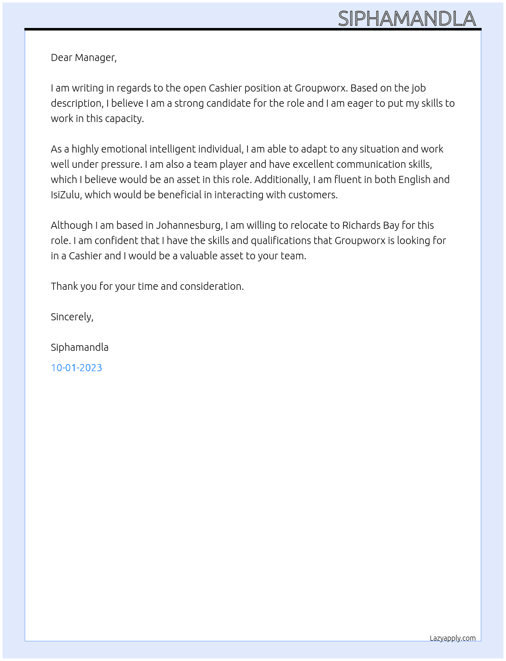 Cashier  At Groupworx Cover Letter