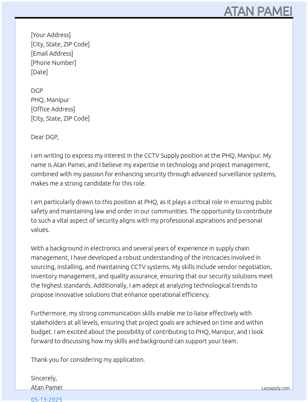 Cover letter for cctv supply - LazyApply