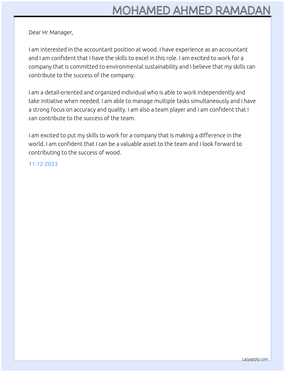 Accountant At wood. Cover Letter