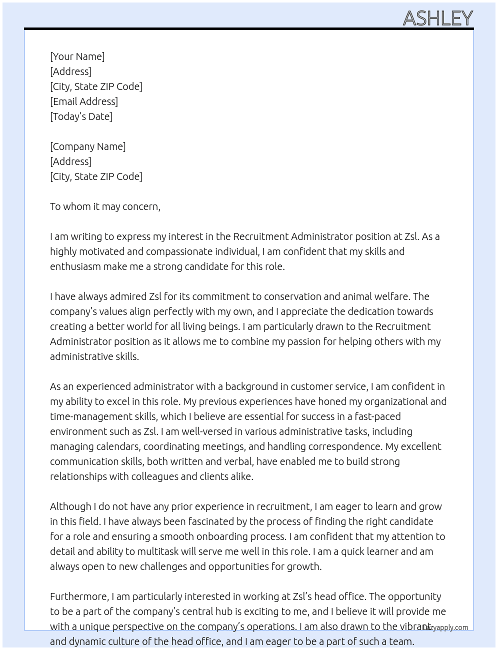 Recruitment administrator At Zsl Cover Letter