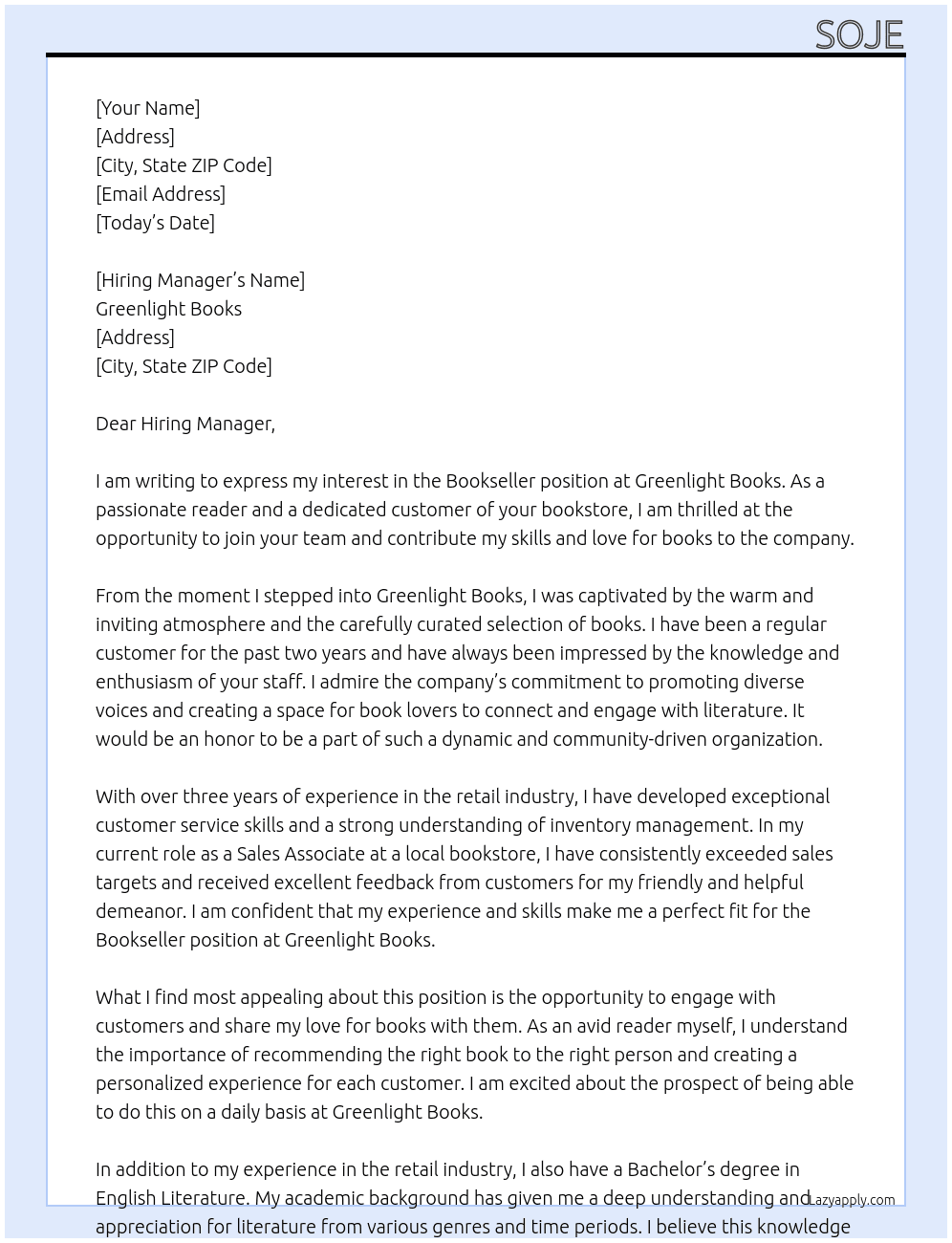bookseller At greenlight books Cover Letter