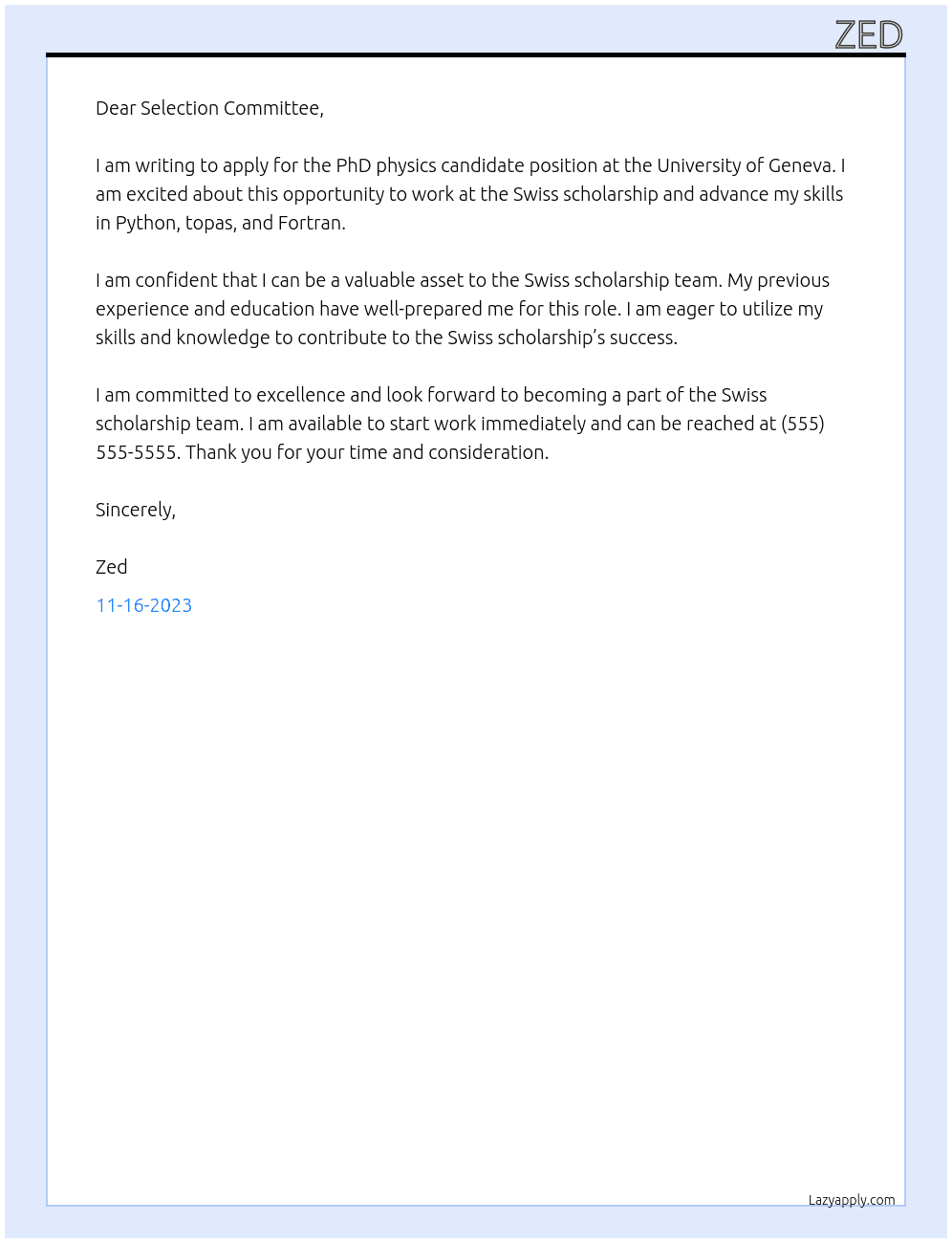PhD physics candidate  At Swiss scholarship  Cover Letter