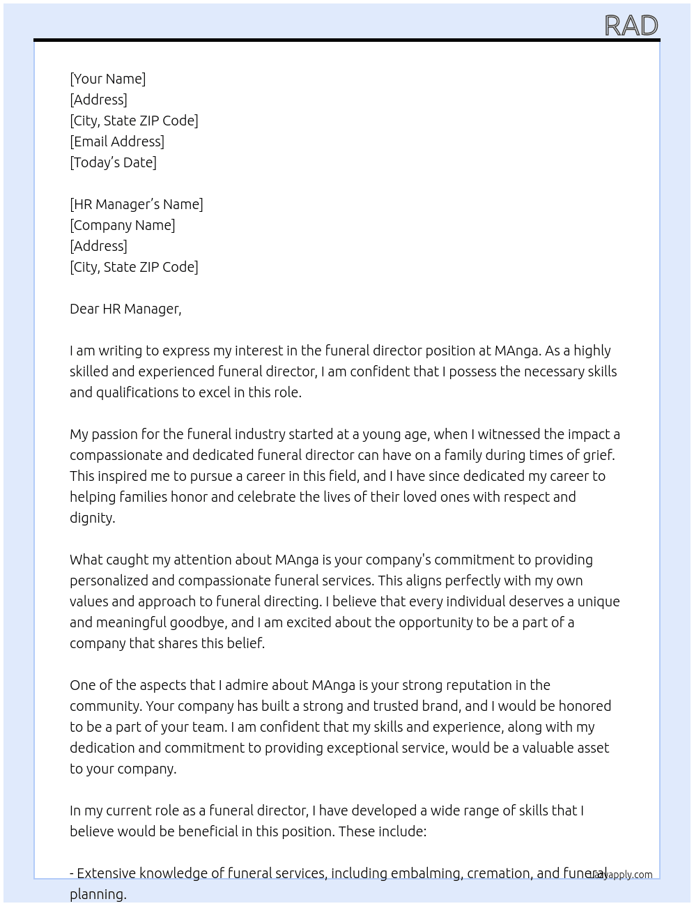funeral director At MAnga Cover Letter