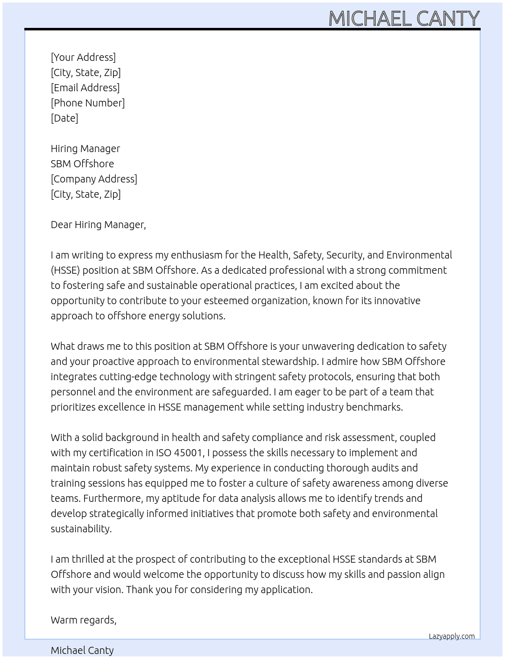 Health Safety, Security and Environmental At SBM Offshore Cover Letter