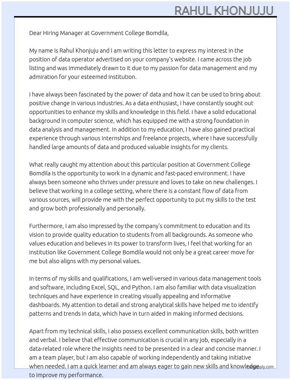 Advertisement for the position of data operator At Government college bomdila Cover Letter