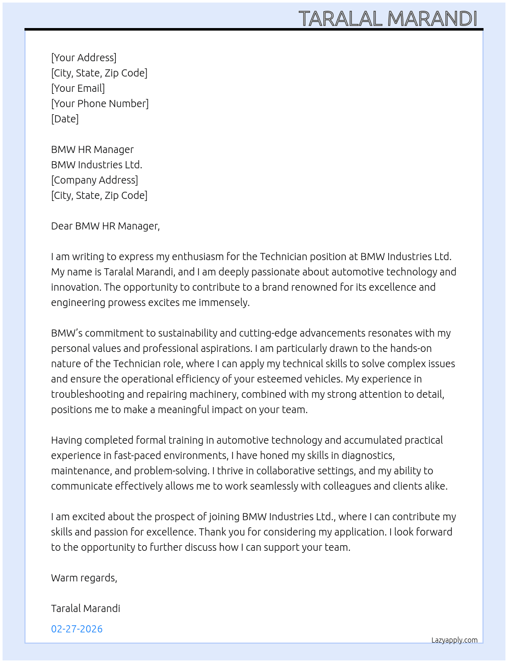 Cover letter for technicians - LazyApply