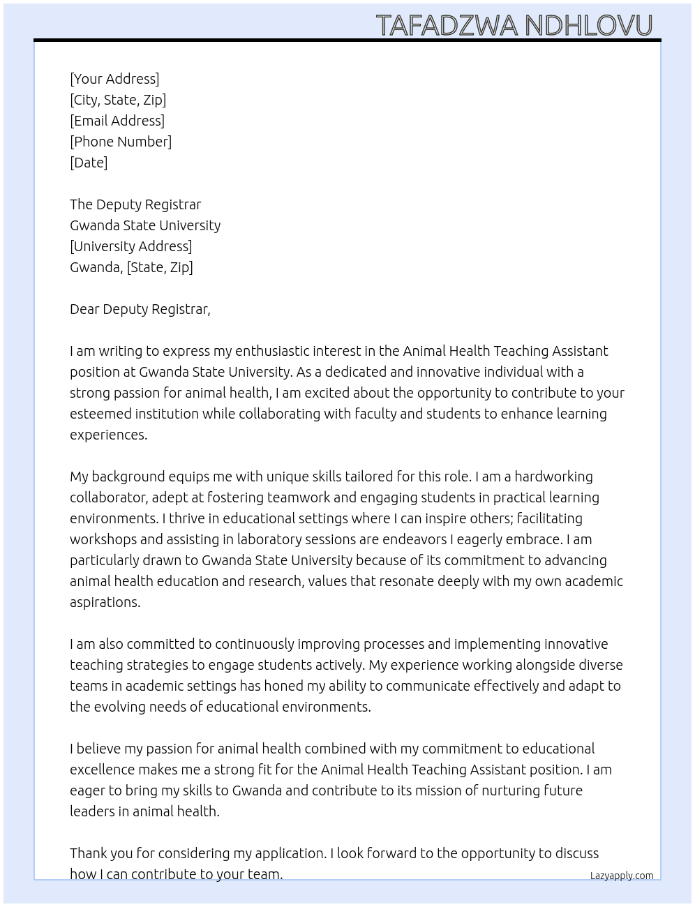 Animal health Teaching Assistant  At Gwanda state University  Cover Letter