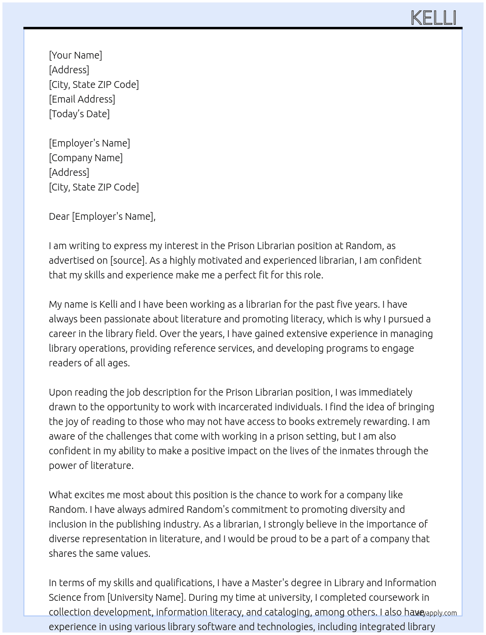 Prison librarian  At Random Cover Letter