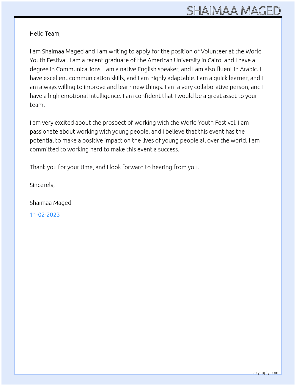 Volunteer At World Youth Festival Cover Letter