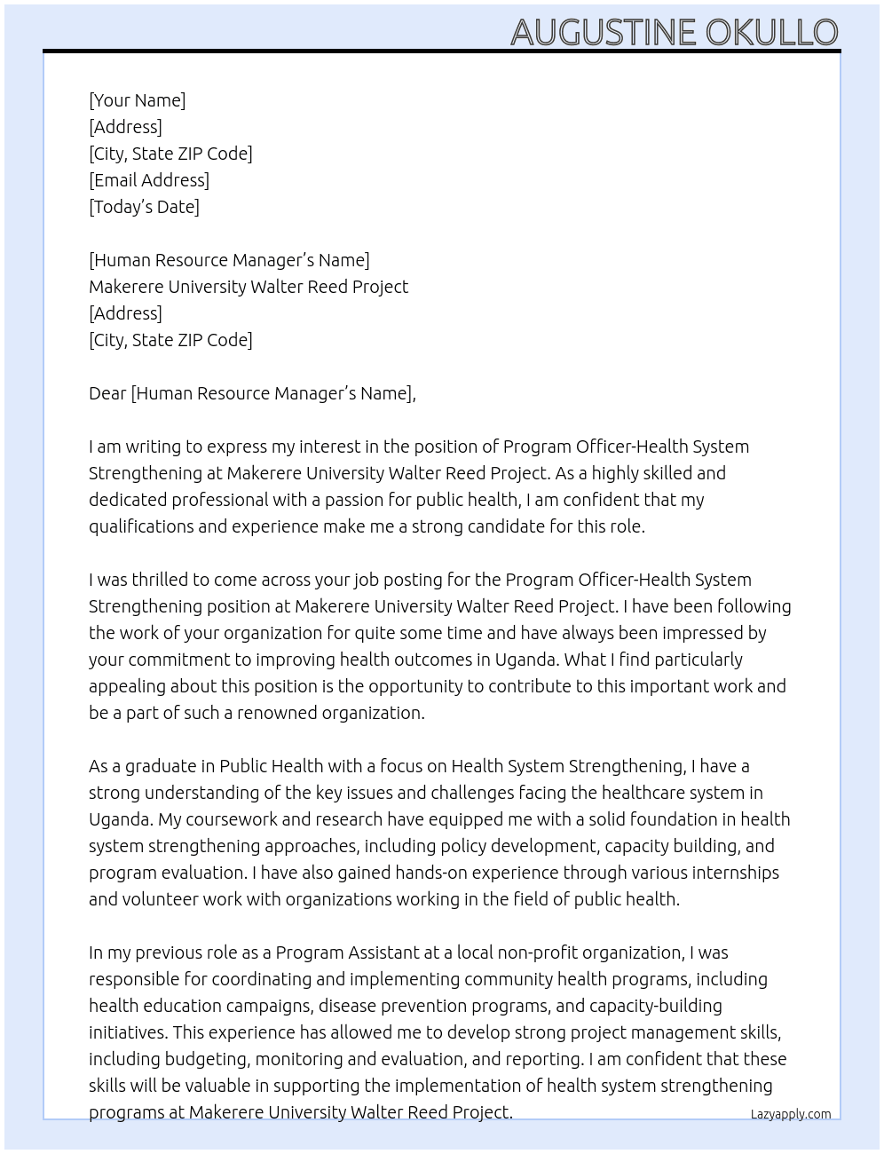 Program officer-health system strengthening At Makerere university walter Reed Project Cover Letter