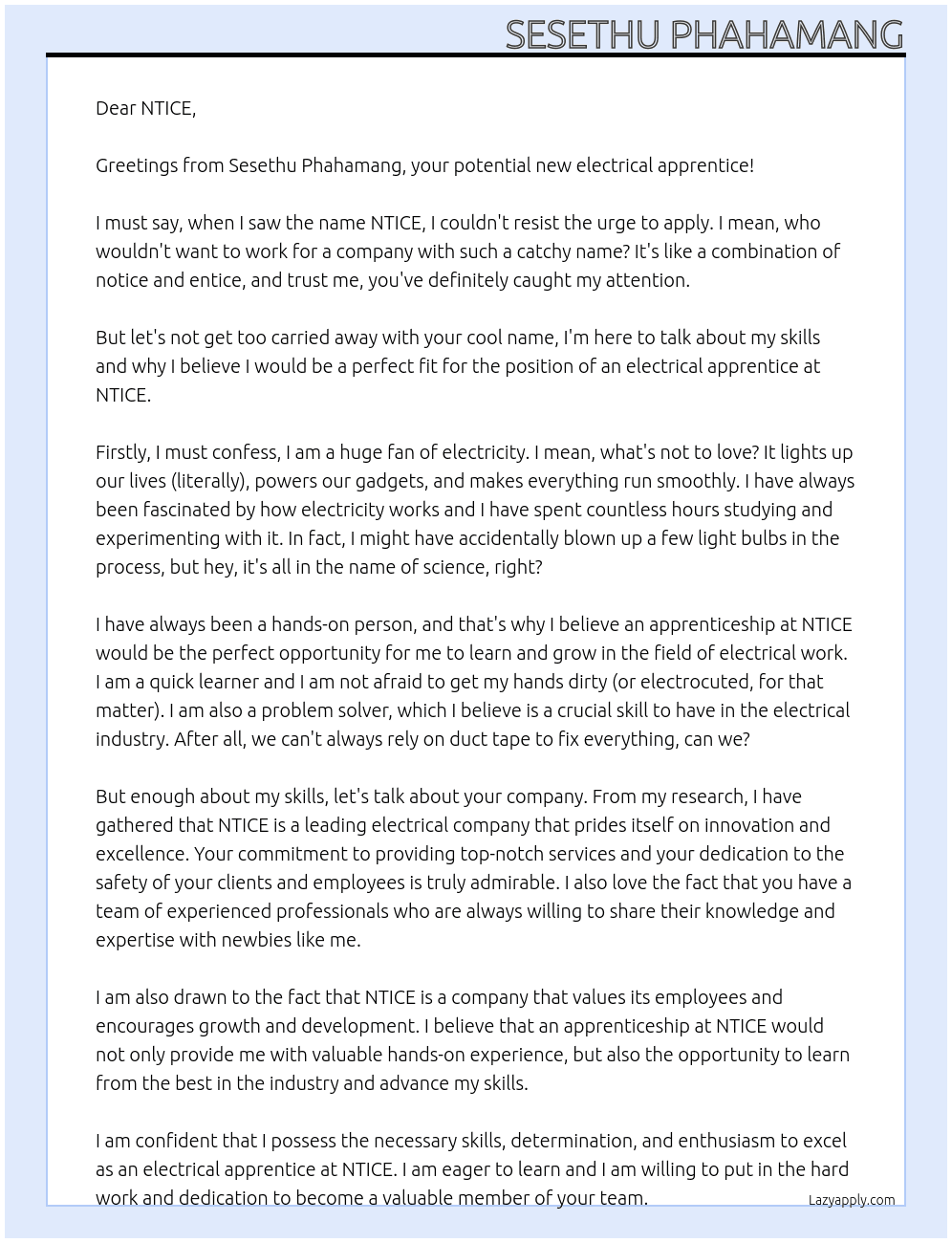 electrical apprentice At NTICE Cover Letter