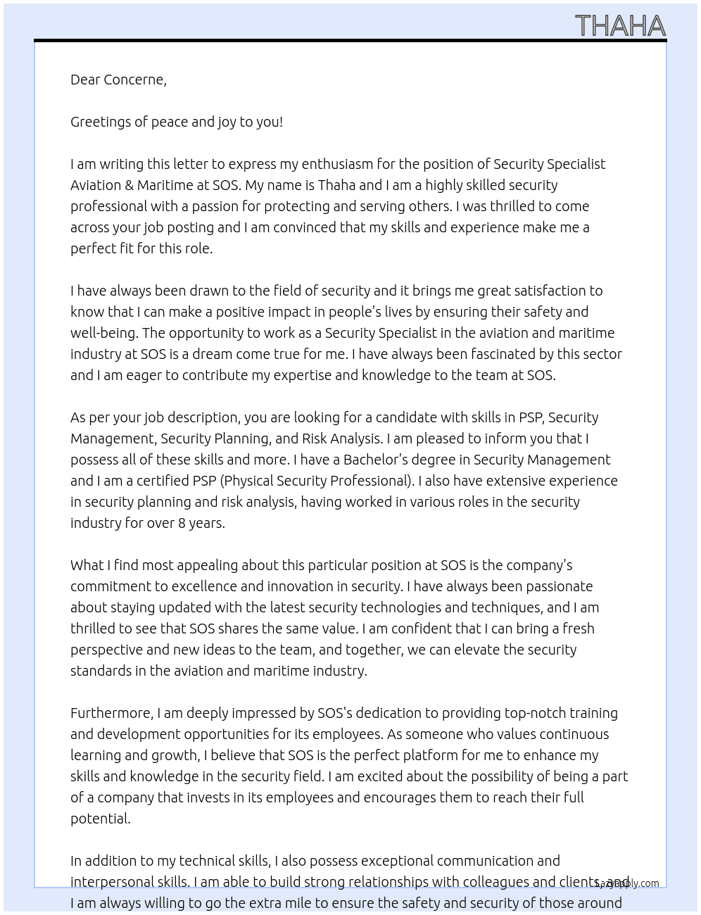 Security Specialist Aviation & Maritime At SOS Cover Letter