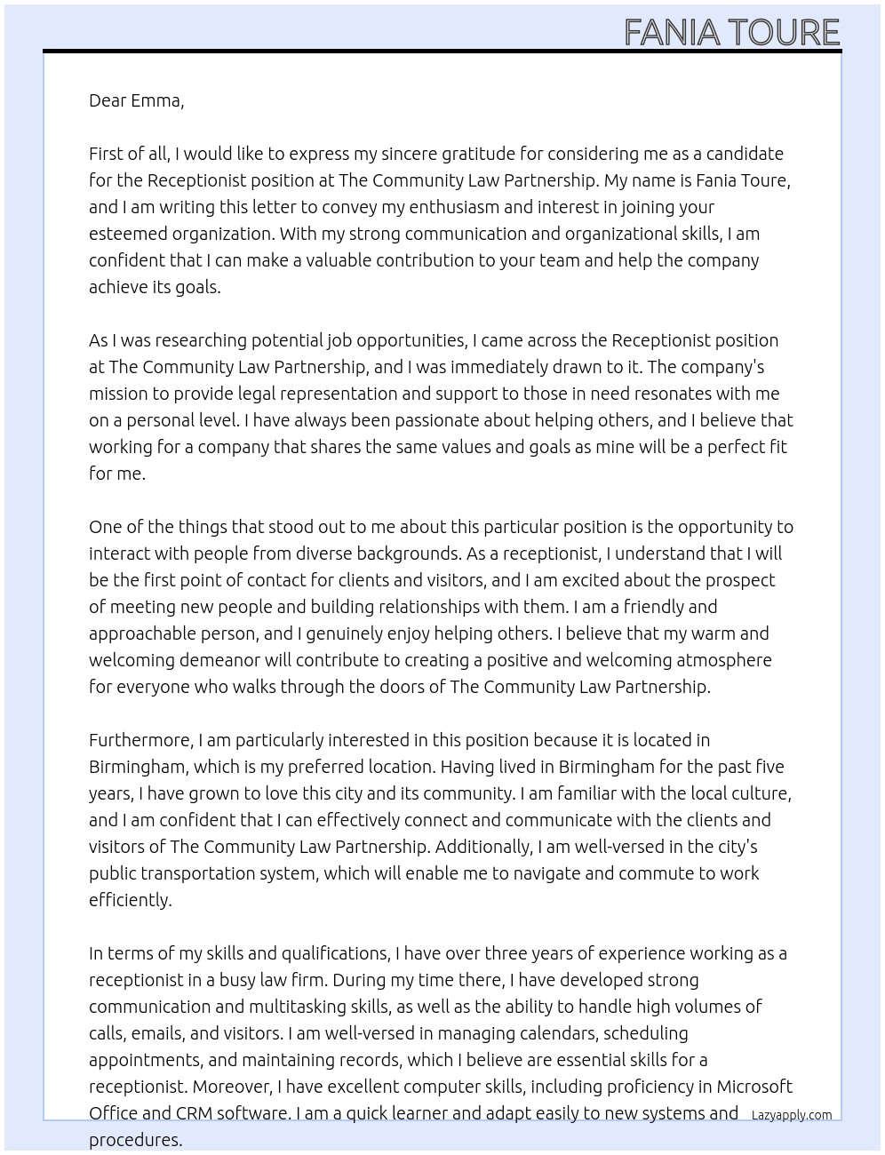 Receptionist At The community law partnership  Cover Letter
