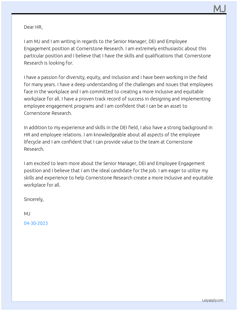 Senior Manager, DEI and Employee Engagement At Cornerstone Research Cover Letter