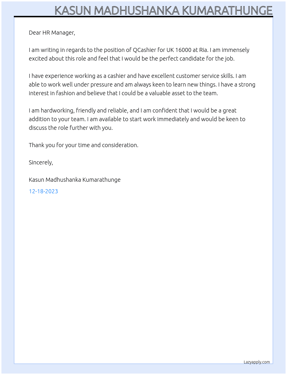 QCashier for UK 16000 At Ria Cover Letter
