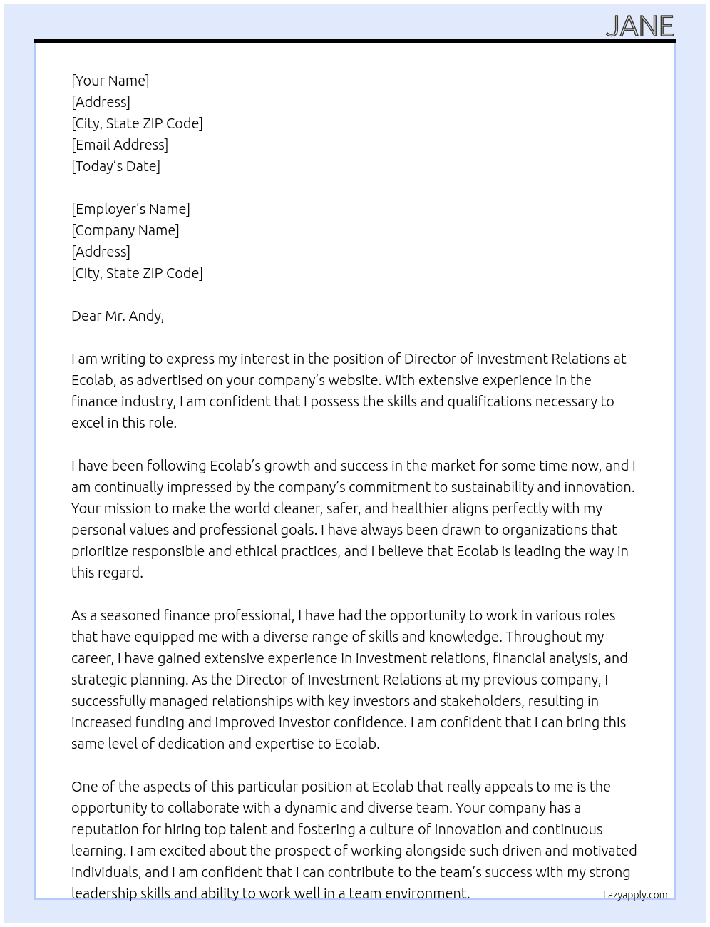 Director Investment Relations At Ecolab Cover Letter