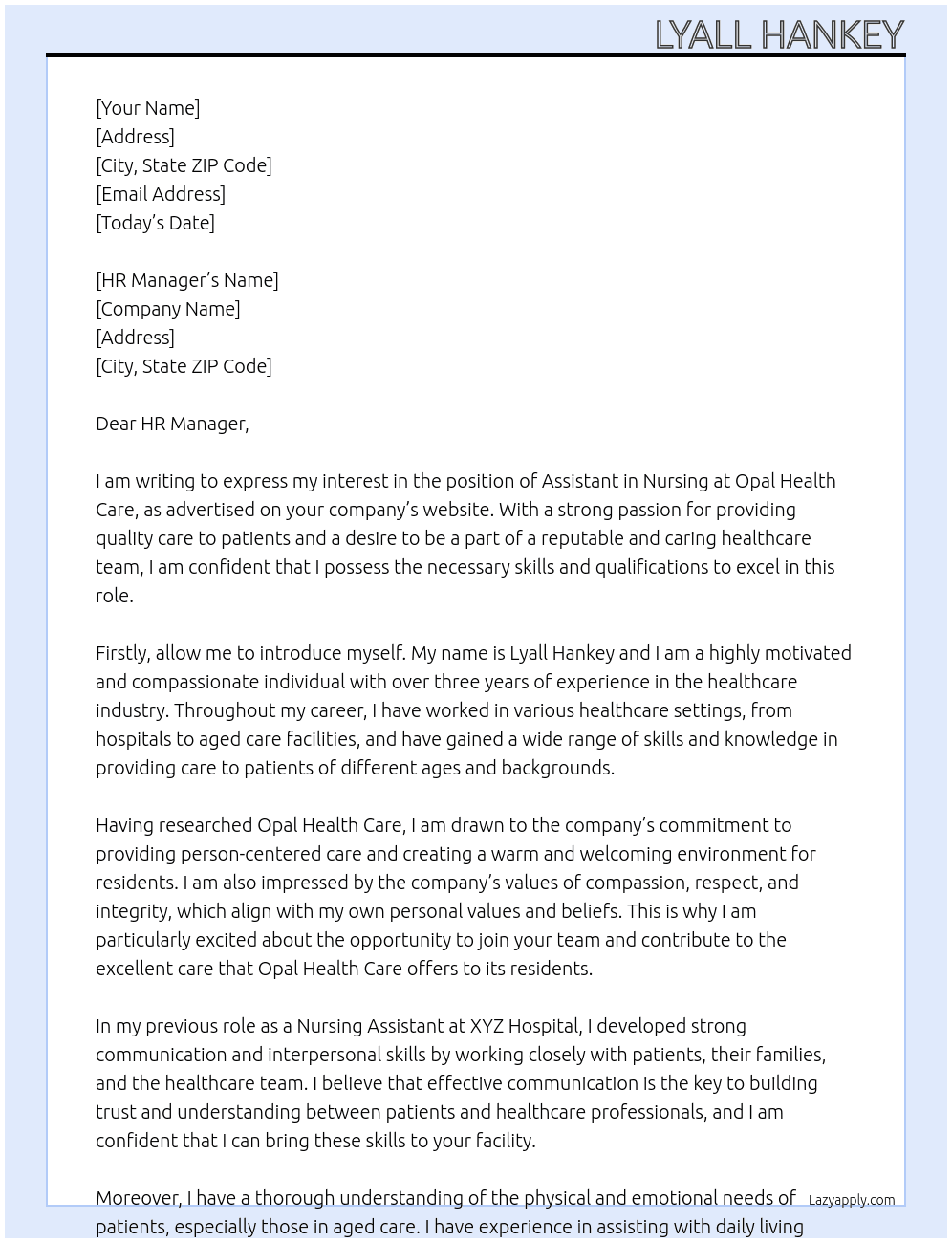 Assistant in Nursing  At Opal Health Care  Cover Letter