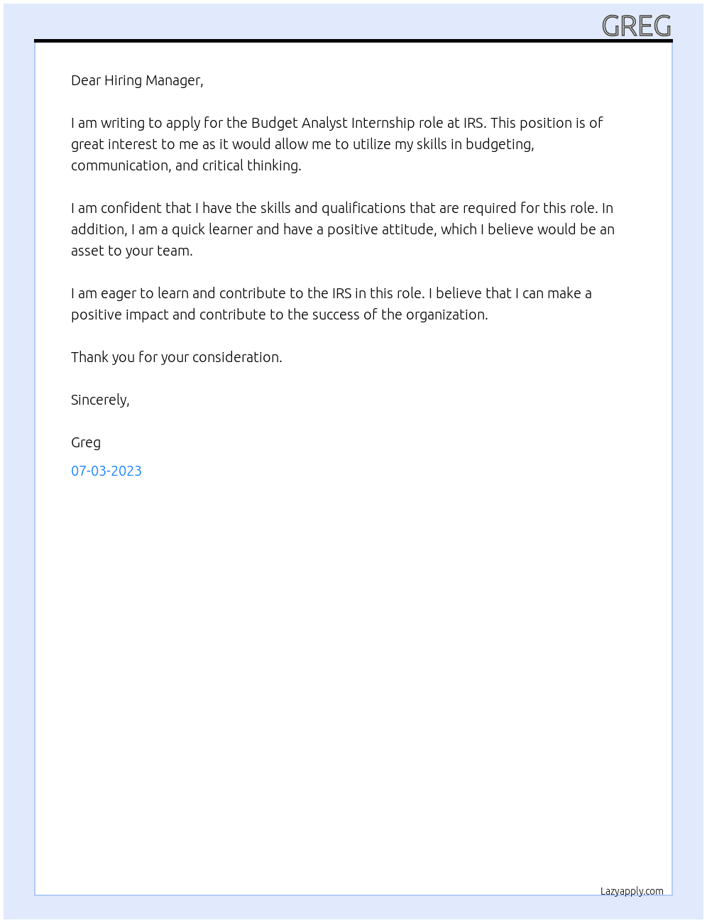 Budget Analyst  At IRS Cover Letter