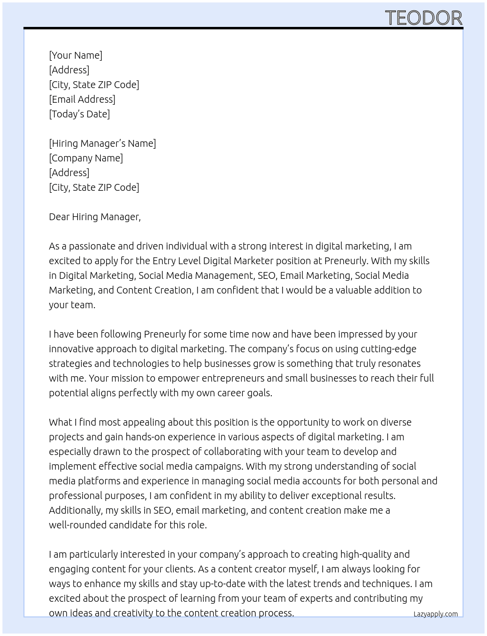 Entry Level Digital Marketer At Preneurly Cover Letter