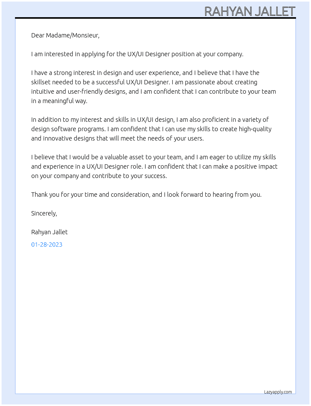 UX/UI designer At UX/UI Designer Cover Letter