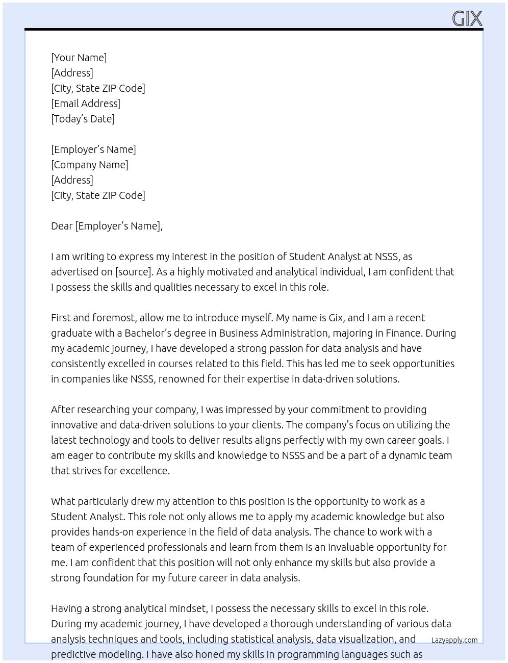 student ananlyst At NSSS Cover Letter