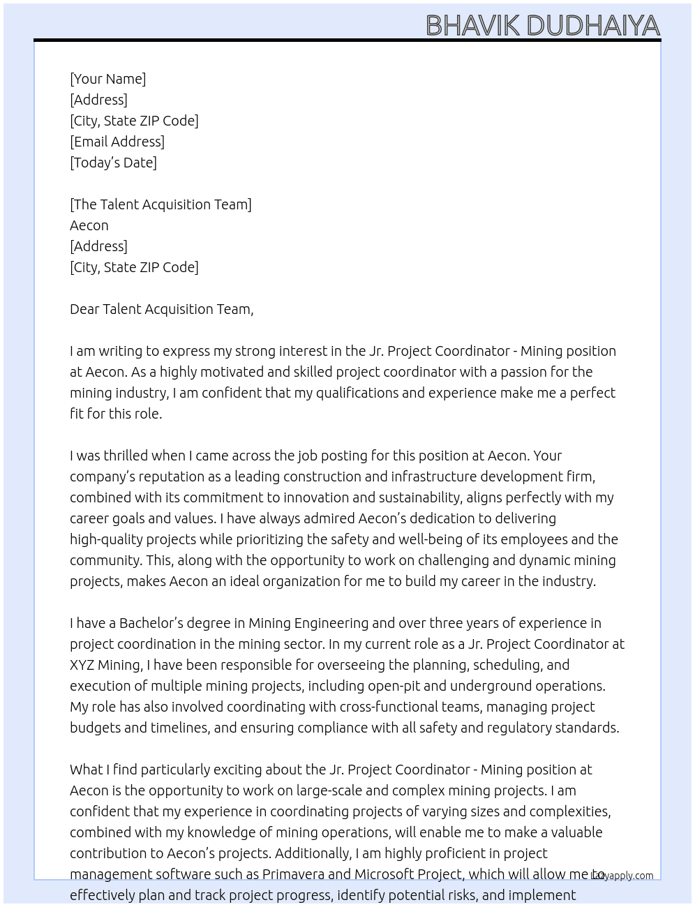 Jr. Project Coordinator - Mining At Aecon Cover Letter