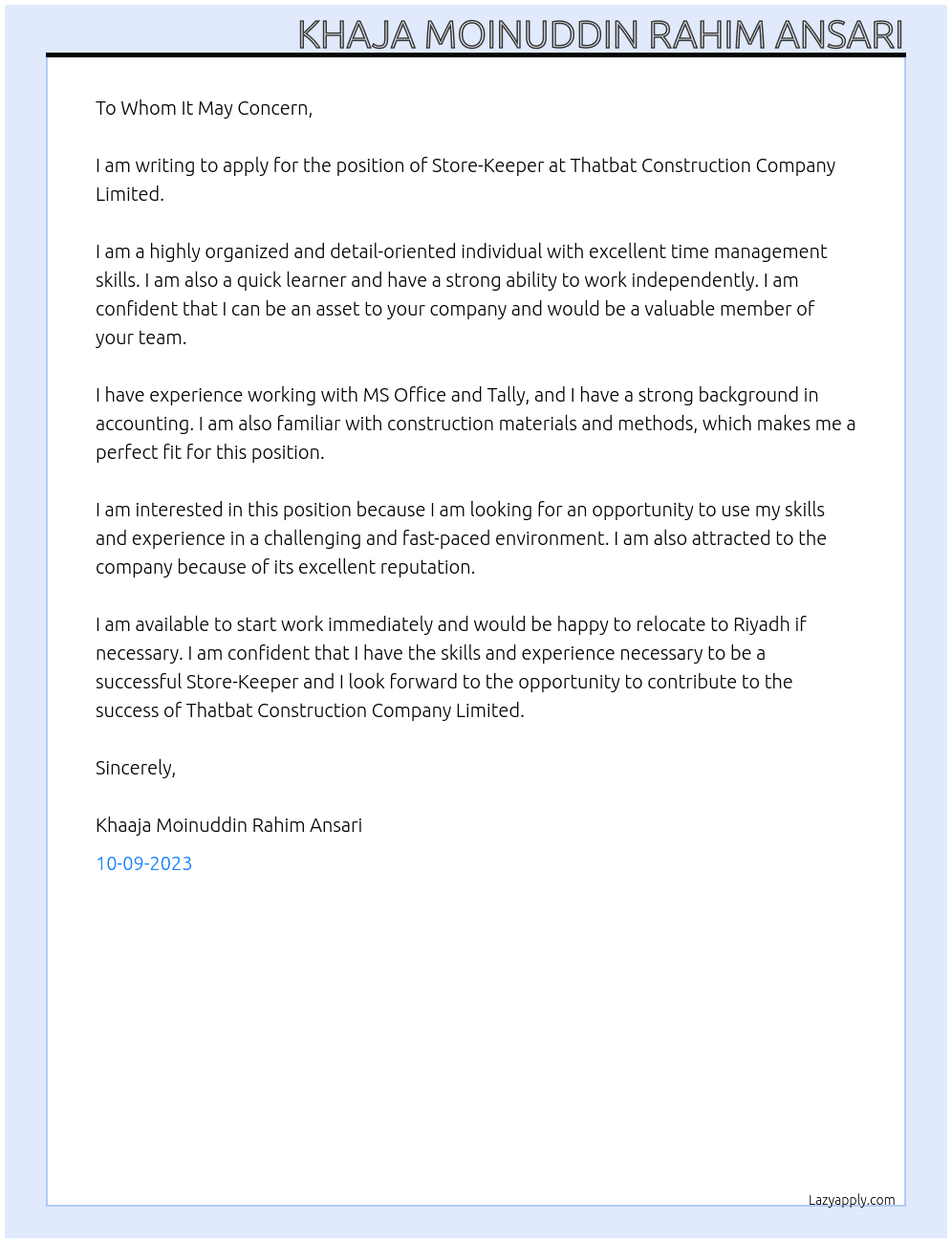 STORE-KEEPER At THATBAT CONSTRUCTION COMPANY LIMITED Cover Letter