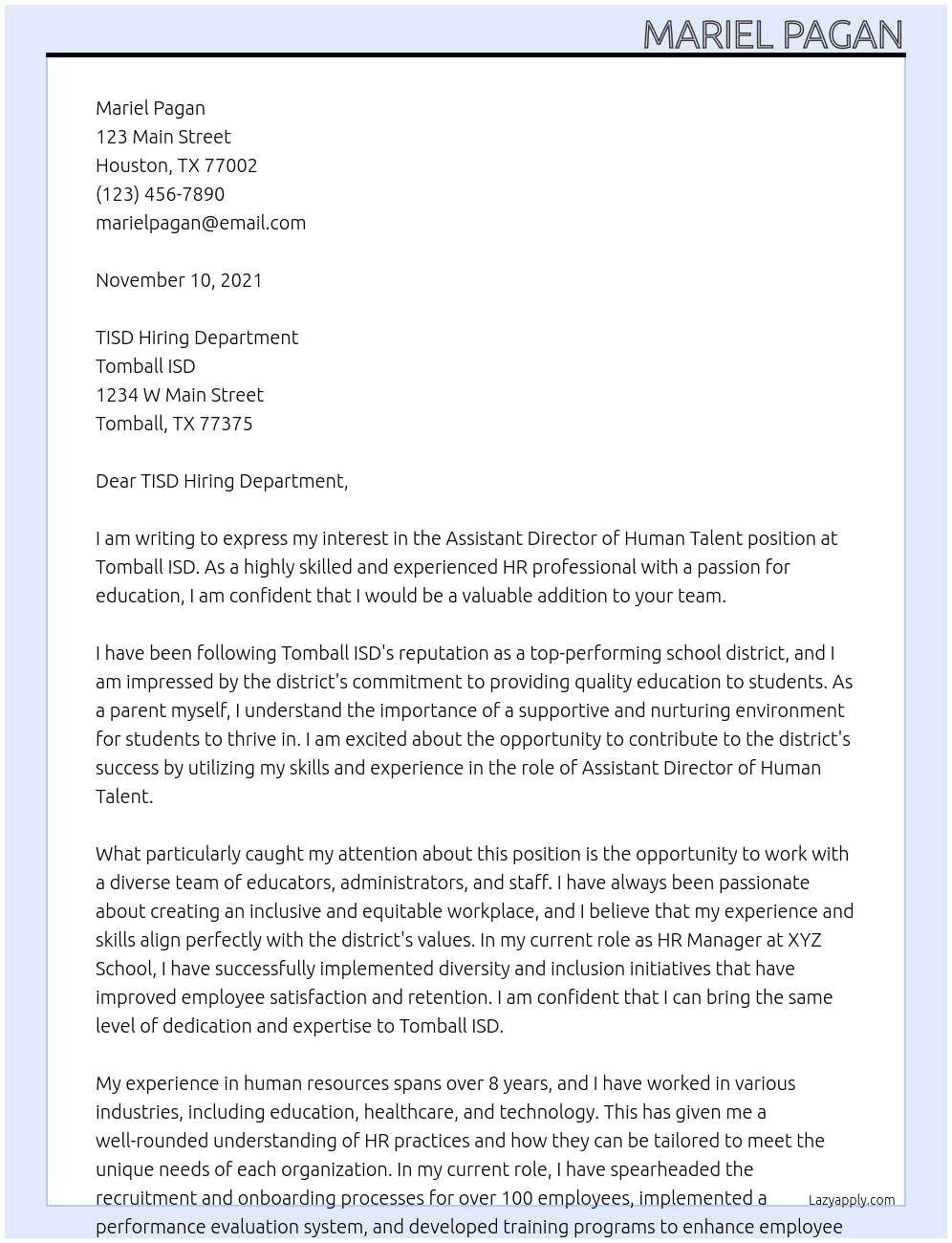 Assistant Director of Human Talent  At Tomball ISD Cover Letter