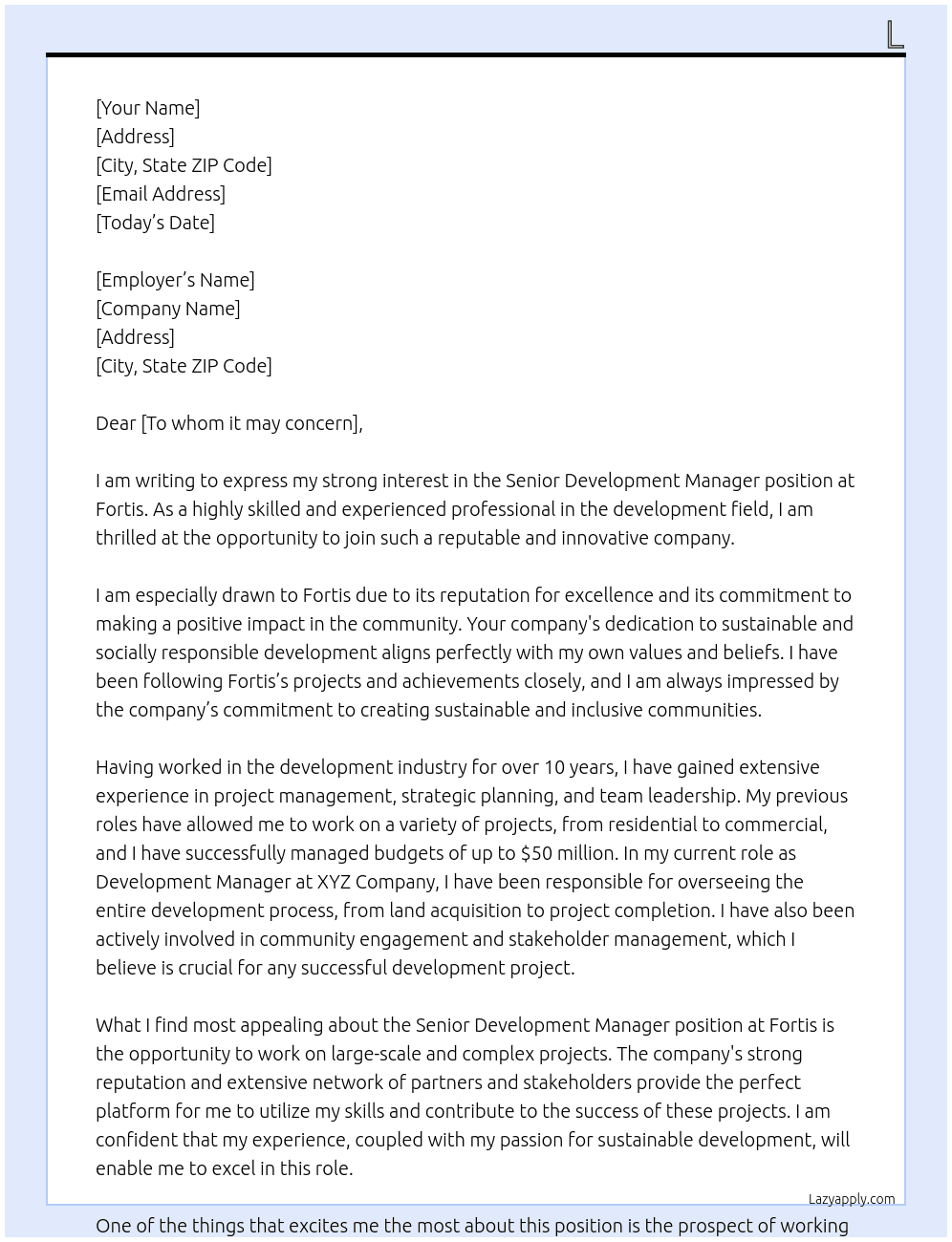Senior Development Manager  At Fortis Cover Letter