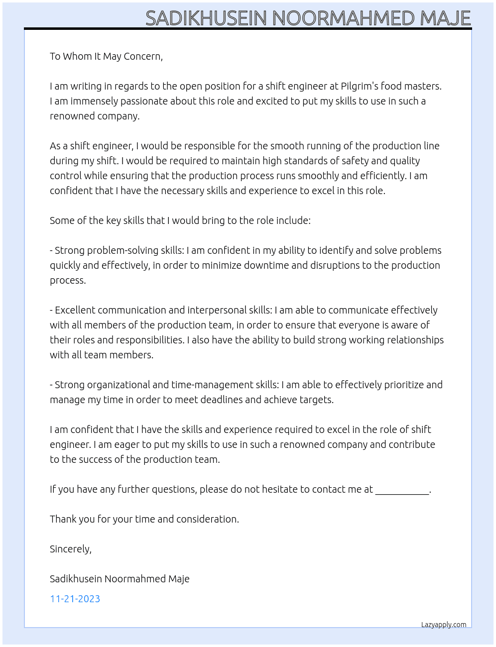 Shift engineer  At Pilgrim's food masters Cover Letter