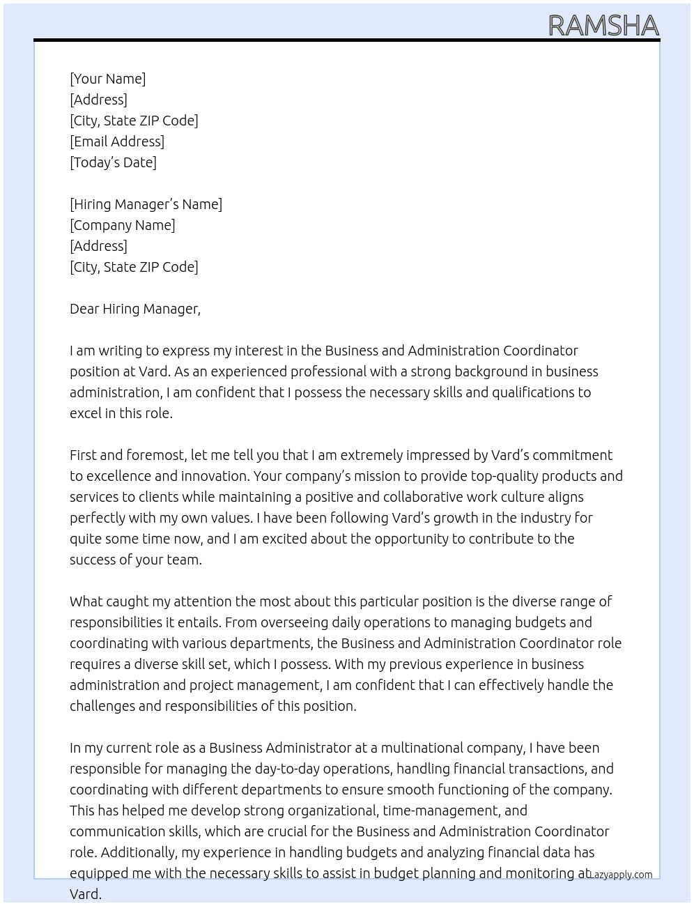Business and Administration Coordinator At Vard Cover Letter