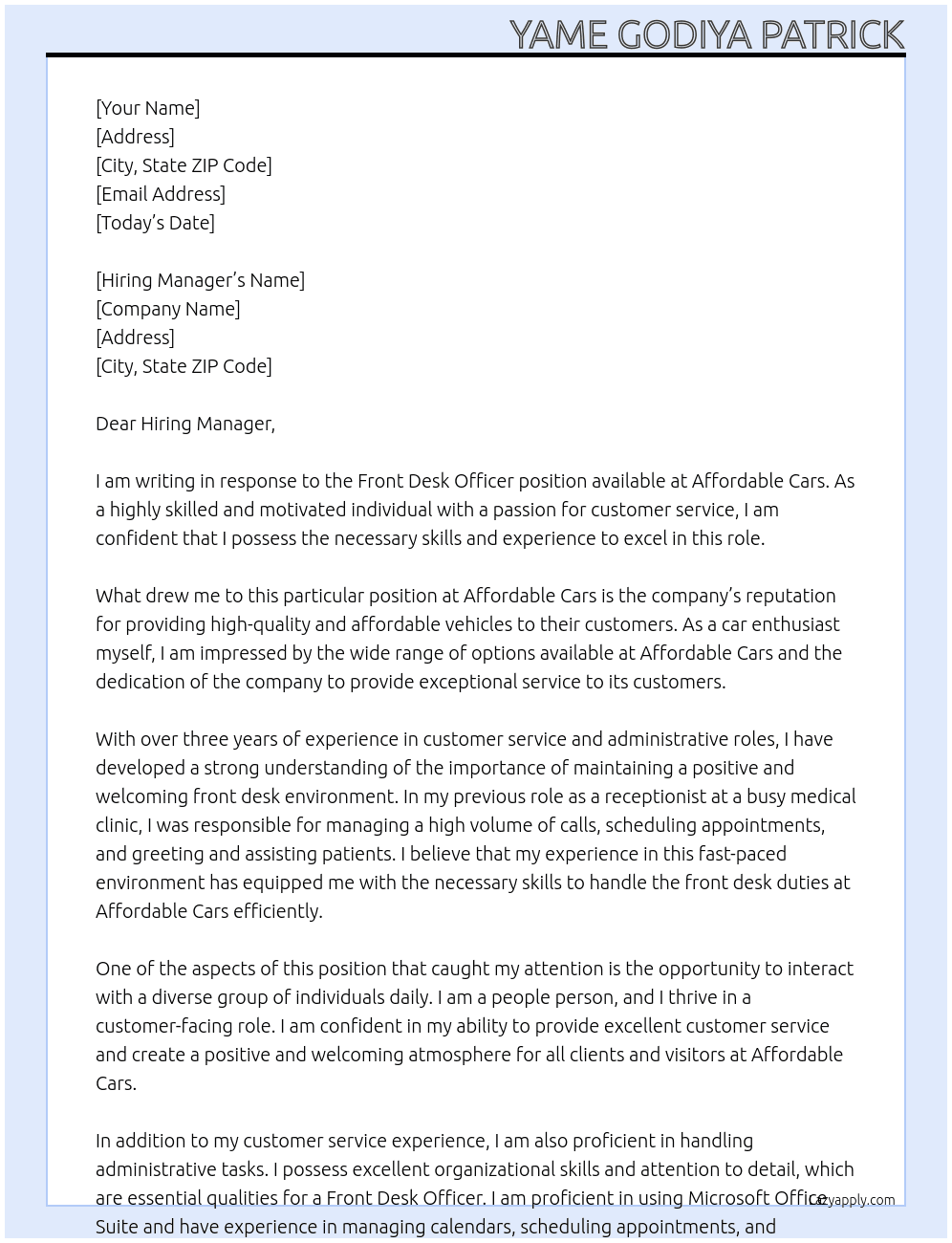 Front desk officer At Affordable cars Cover Letter
