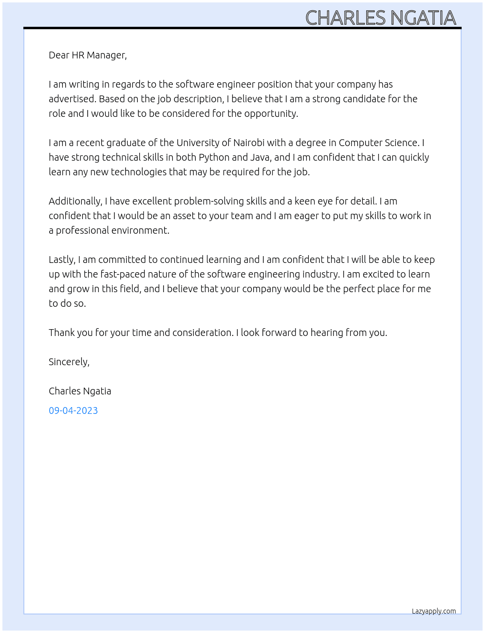 Software engineer  At Kingdom international school  Cover Letter