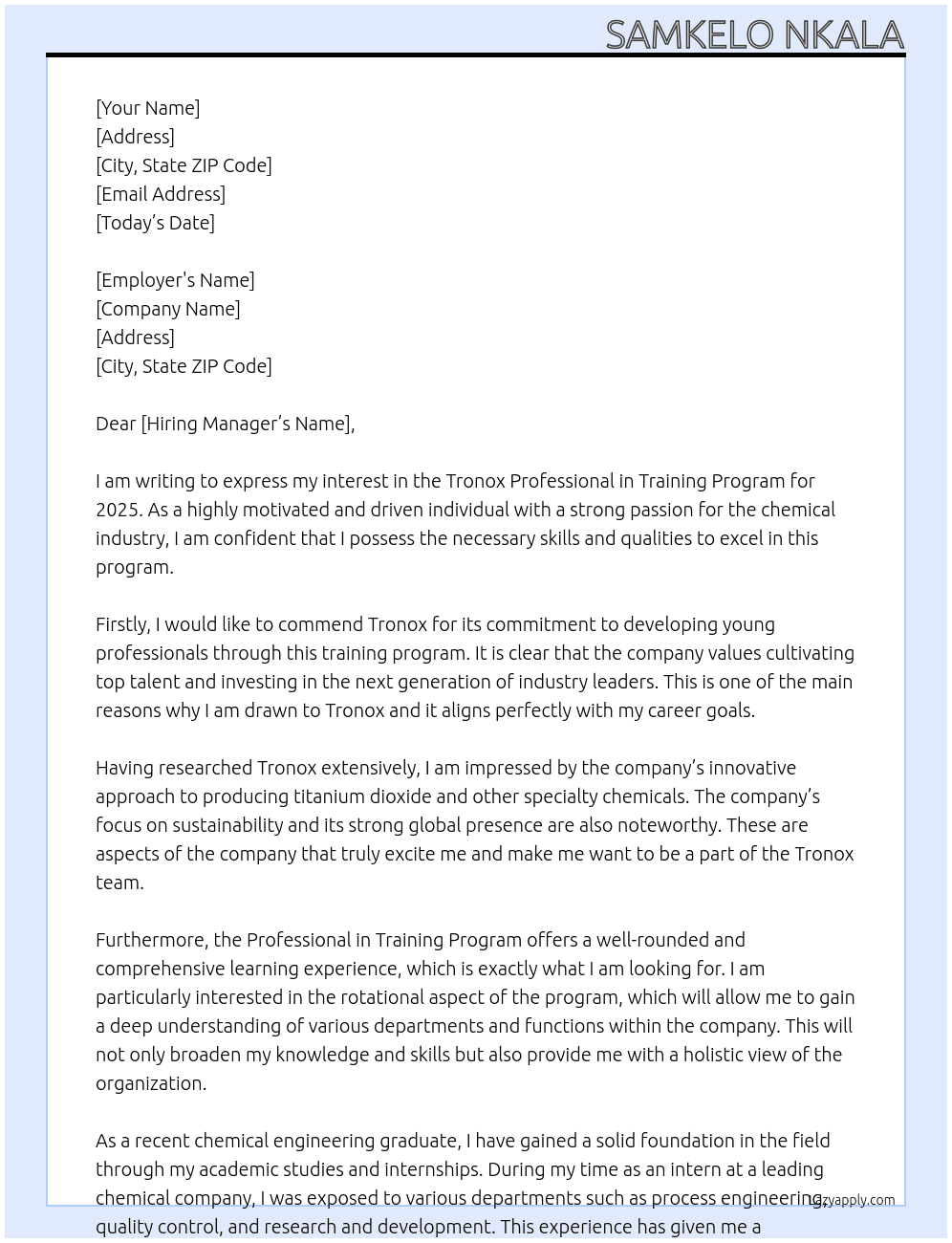 Tronox professional in training for 2025 At Tronox Cover Letter