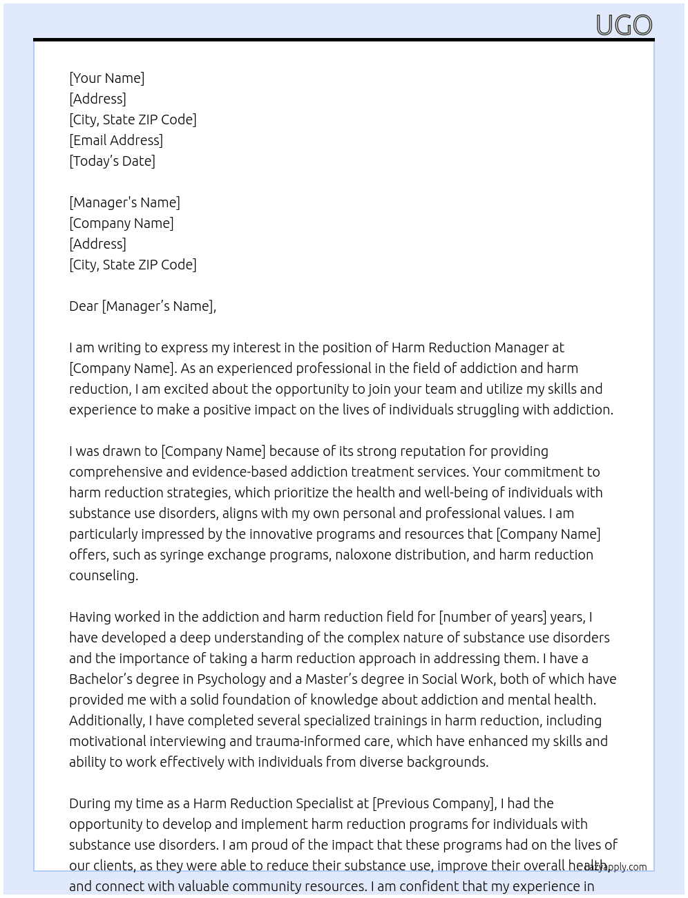 HARM REDUCTION At ADDICTION Cover Letter