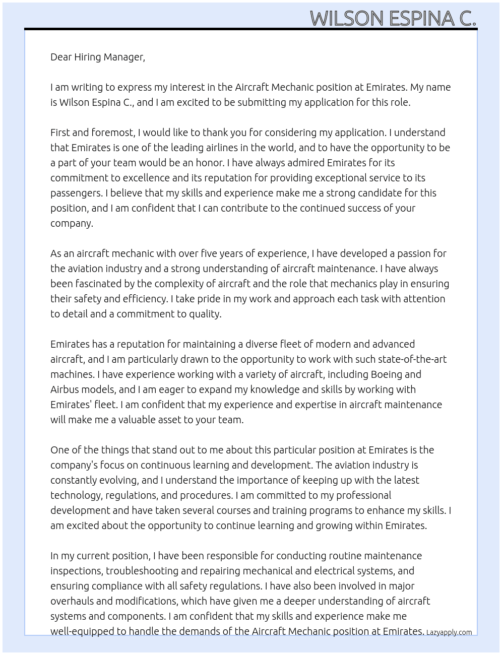 Aircraft Mechanic At Emirates Cover Letter