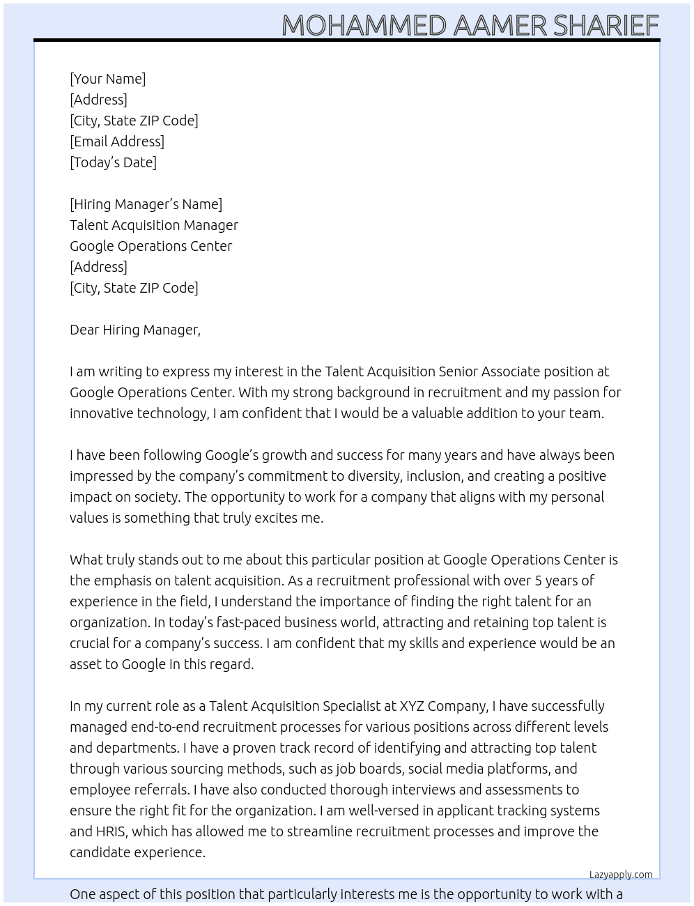 Talent Acquisition Senior Associate At Google Operations Center  Cover Letter