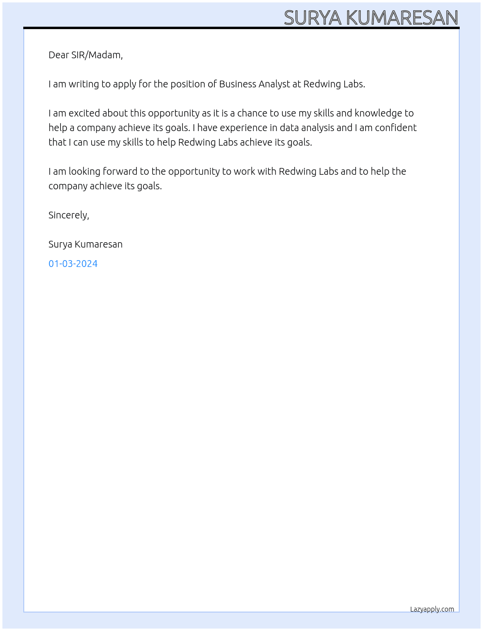 Business Analyst At Redwing Labs Cover Letter