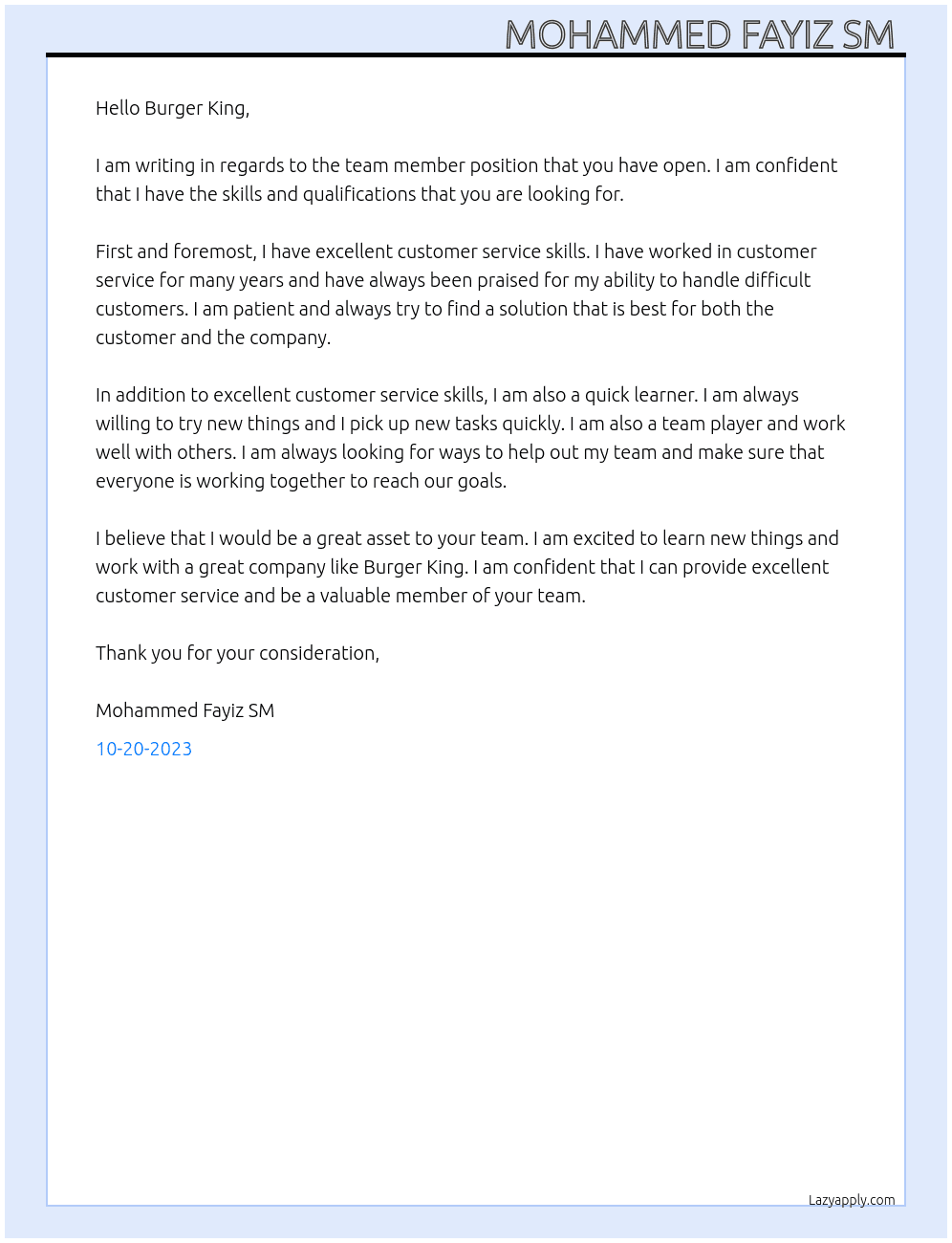 Team member  At Burger King  Cover Letter