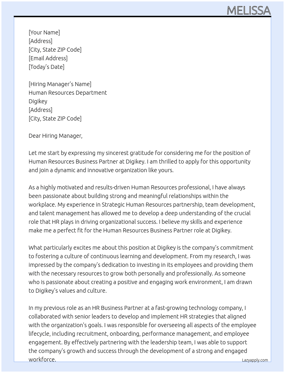 Human Resources Business Partner At Digikey Cover Letter