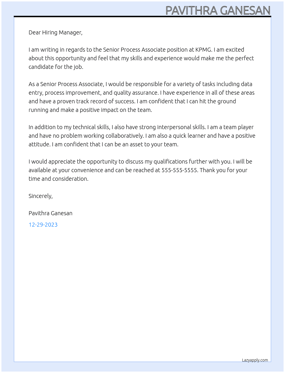 Senior Process Associate At KPMG Cover Letter
