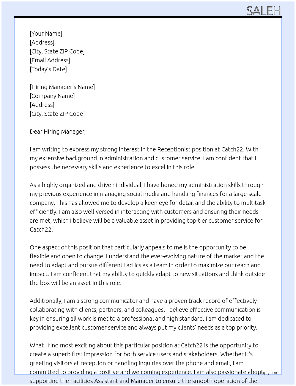 Receptionist  At Catch22 Cover Letter