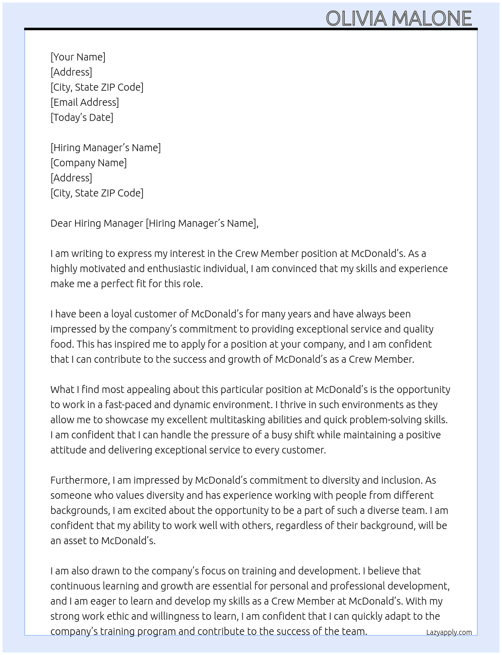 Crew member At Mcdonald’s Cover Letter