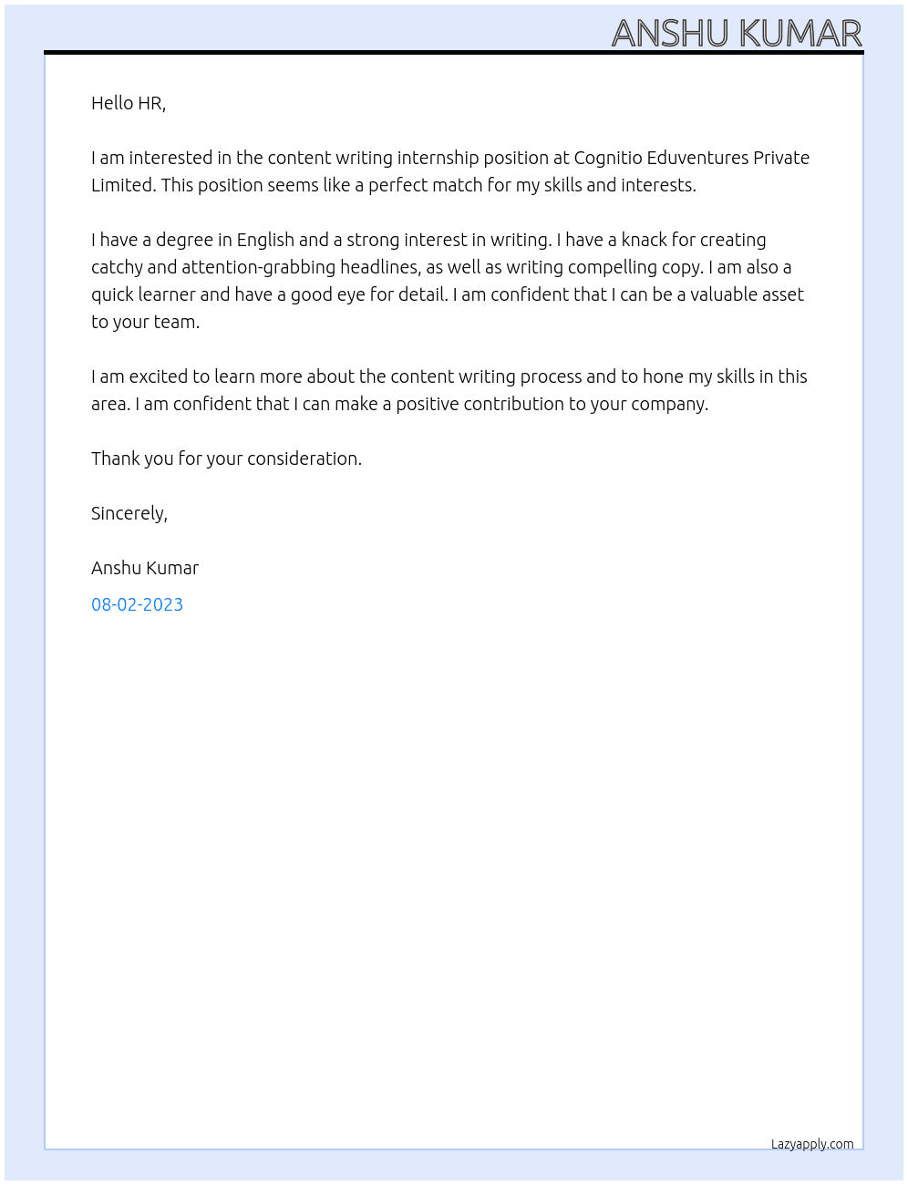 Content Writing internship At Cognitio Eduventures Private Limited Cover Letter
