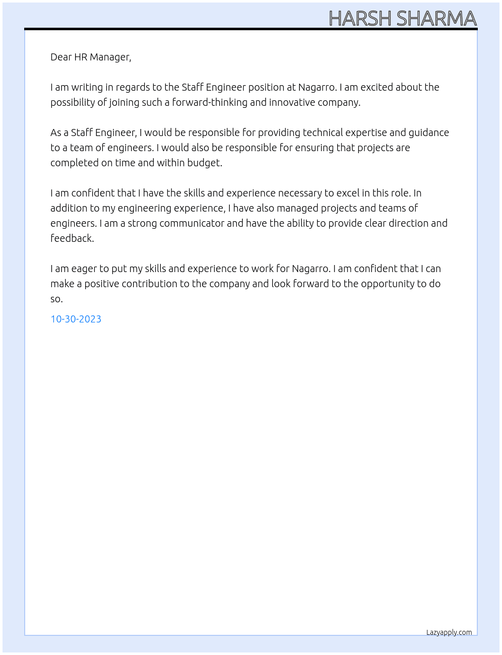 Staff Engineer At Nagarro Cover Letter