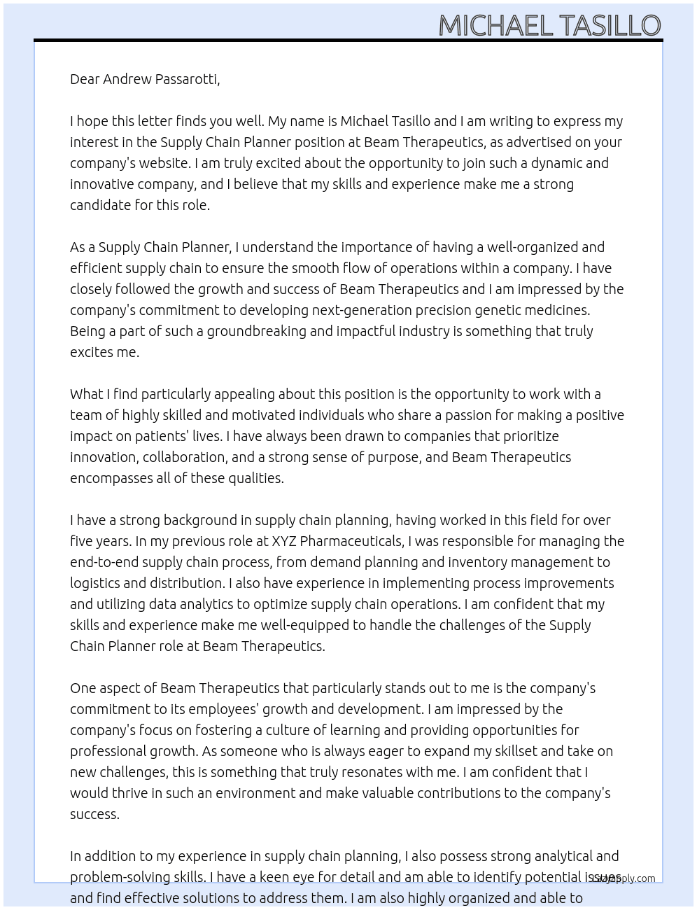 Supply Chain Planner At Beam Therapeutics Cover Letter